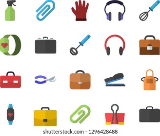 Color flat icon set apron flat vector, whisk, pulverizer, secateurs, gloves, case, briefcase, clip, stapler, fitness bracelet, binder, headset
