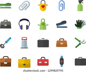 Color flat icon set apron flat vector, whisk, grater, pulverizer, secateurs, gloves, case, briefcase, clip, stapler, fitness bracelet, headset