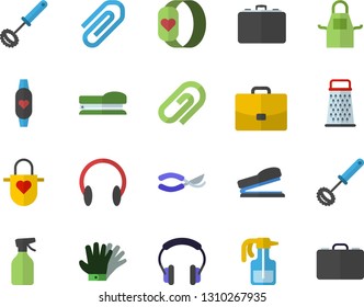 Color flat icon set apron flat vector, whisk, grater, pulverizer, secateurs, gloves, case, clip, stapler, fitness bracelet, headset