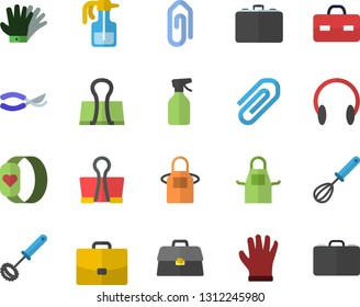 Color flat icon set apron flat vector, whisk, pulverizer, secateurs, gloves, case, briefcase, clip, fitness bracelet, binder, headset