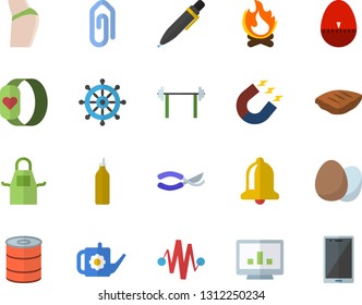 Color Flat Icon Set Apron Flat Vector, Kitchen Egg Timer, Canned Food, Chop, Mustard, Secateurs, Watering Can, Bonfire, Magnet, Computer Chart, Pen, Electric Discharge Fector, Barbell, Buttocks