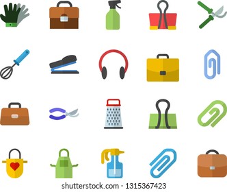 Color flat icon set apron flat vector, whisk, grater, pulverizer, secateurs, gloves, case, briefcase, clip, stapler, binder, headset