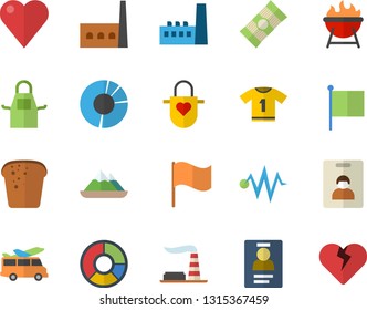 Color flat icon set apron flat vector, barbecue, spaghetti, bread, factory, manufactory, flag, heart, clircle diagram, badge, electric discharge fector, sport T shirt, indentity card, transfer