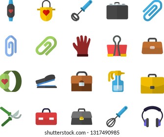 Color flat icon set apron flat vector, whisk, pulverizer, secateurs, gloves, case, briefcase, clip, stapler, fitness bracelet, binder, headset