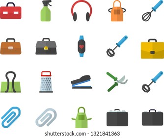 Color flat icon set apron flat vector, whisk, grater, pulverizer, secateurs, case, briefcase, clip, stapler, fitness bracelet, binder, headset