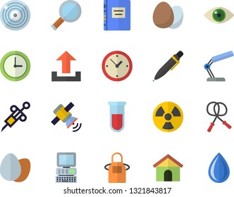 Color flat icon set apron flat vector, egg, radiation, blood test, syringe, reading lamp, pen, satellit, computer, textbook, magnifier, skipping rope, house, upload, clock, eye, target, drop