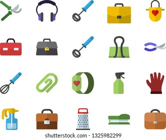 Color flat icon set apron flat vector, whisk, grater, pulverizer, secateurs, gloves, case, briefcase, stapler, fitness bracelet, clip, binder, headset