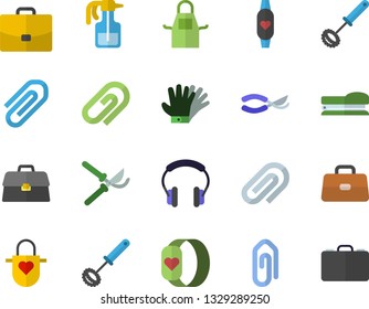 Color flat icon set apron flat vector, whisk, pulverizer, secateurs, gloves, case, briefcase, clip, stapler, fitness bracelet, headset