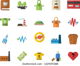 Color flat icon set apron flat vector, cookbook, spaghetti, bread, factory, forest, manufactory, credit card, sell out, rocket, electric discharge fector, sport T shirt, indentity, luggage, heart