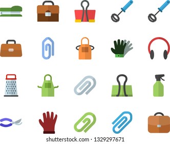 Color flat icon set apron flat vector, whisk, grater, pulverizer, secateurs, gloves, briefcase, clip, stapler, binder, headset