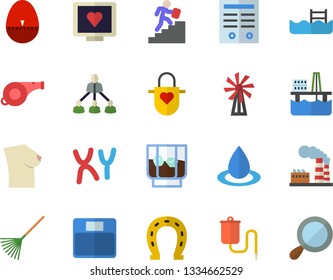 Color Flat Icon Set Apron Flat Vector, Kitchen Egg Timer, Whiskey, Windmill, Horseshoe, Rake, Oil Production Platform, Factory, Drop, Medical Warmer, Computer Diagnostics Of Health, Breast, Contract