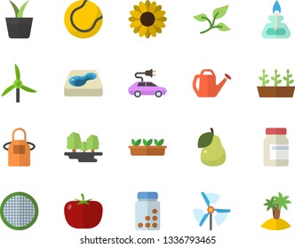 Color flat icon set apron flat vector, sieve, tomato, pear, home plant, flower, watering can, seedlings, pool, windmill, tree leaf, forest, electric cars, gas burner, vitamins, tennis ball