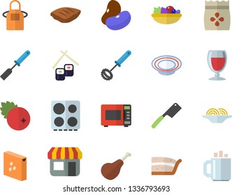 Color flat icon set apron flat vector, kitchen spatula, whisk, knives, electric stove, microwave, groats, ham, legumes, spaghetti, piece of cake, dish, salad, chop, fish rolls, wine, cranberry