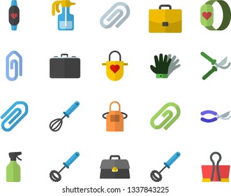 Color flat icon set apron flat vector, whisk, pulverizer, secateurs, gloves, case, briefcase, clip, fitness bracelet, binder