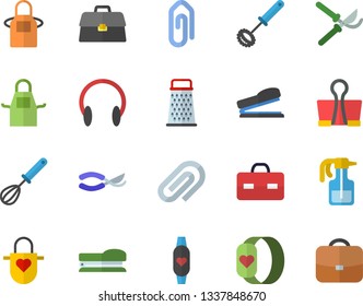 Color flat icon set apron flat vector, whisk, grater, pulverizer, secateurs, briefcase, clip, stapler, fitness bracelet, binder, headset