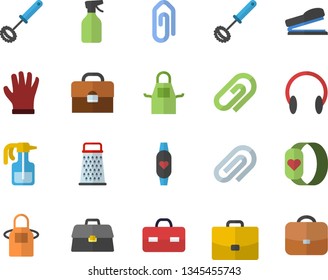 Color flat icon set apron flat vector, whisk, grater, pulverizer, gloves, case, briefcase, clip, stapler, fitness bracelet, headset