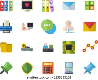 Color flat icon set autopilot flat vector, motherboard, scatter chart, chat, calculator, computer diagnostics of health, drawing pin, file, folder, office worker, printer, mail, security fector
