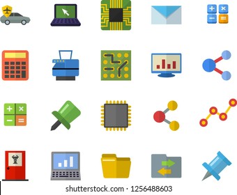Color flat icon set autopilot flat vector, motherboard, scatter chart, calculator, drawing pin, computer, file, copy machine, laptop, mail, cpu, electronic circuit, doctor's office fector, share