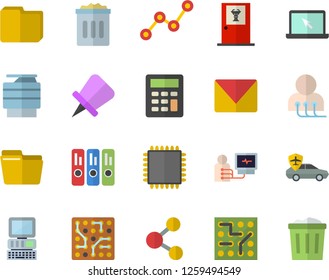 Color flat icon set autopilot flat vector, scatter chart, diagnostics, computer file, calculator, folder, copy machine, laptop, mail, cpu, electronic circuit, doctor's office fector, share