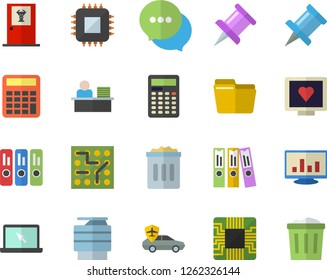 Color flat icon set autopilot flat vector, motherboard, chat, computer diagnostics of health, drawing pin, chart, file, folder, office worker, copy machine, laptop, calculator, electronic circuit