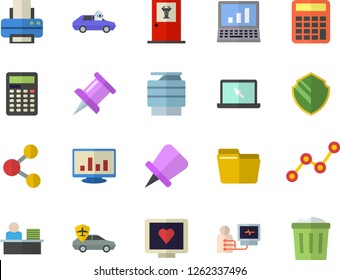 Color flat icon set autopilot flat vector, scatter chart, computer diagnostics of health, drawing pin, file, office worker, printer, copy machine, laptop, calculator, doctor's fector, security