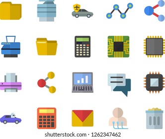 Color flat icon set autopilot flat vector, motherboard, scatter chart, chat, diagnostics, computer file, printer, copy machine, mail, cpu, calculator, share, trash can