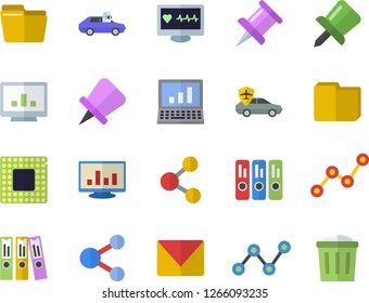 Color flat icon set autopilot flat vector, scatter chart, computer diagnostics of health, drawing pin, file, folder, mail, cpu, share, trash can