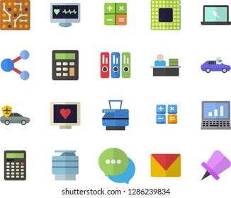 Color flat icon set autopilot flat vector, chat, calculator, computer diagnostics of health, folder, office worker, copy machine, laptop, mail, cpu, electronic circuit, share, drawing pin