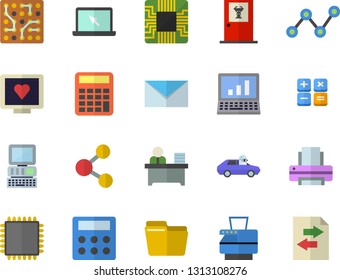 Color flat icon set autopilot flat vector, motherboard, scatter chart, calculator, computer diagnostics of health, file, office worker, printer, copy machine, laptop, mail, cpu, electronic circuit