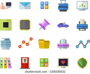 Color flat icon set autopilot flat vector, scatter chart, calculator, computer diagnostics of health, drawing pin, file, folder, printer, copy machine, mail, cpu, doctor's office fector, security