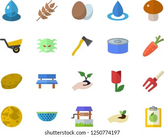 Color flat icon set ax flat vector, colander, egg, potato, ear, canned food, mushroom, well, carrot, pitchfork, seedlings, garden wheelbarrow, tulip, bench, drop, virus, moon, diet