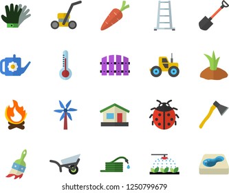 Color flat icon set ax flat vector, thermometer, windmill, carrot, ladybird, tractor, sprinkling machine, shovel, hose, fence, paint brush, watering can, planting plants, ladder, garden wheelbarrow