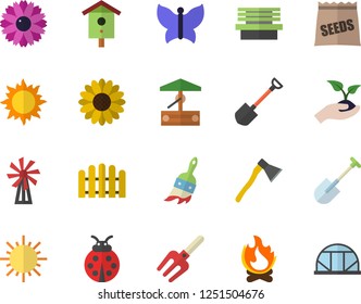 Color flat icon set ax flat vector, seeds, windmill, well, nesting box, flower, ladybird, pitchfork, shovel, fence, paint brush, seedlings, sun, butterflies, bonfire, bench, greenhouse