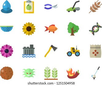Color flat icon set ax flat vector, colander, fish, ear, cutlet, hot peppers, seeds, tree, flower, tractor, secateurs, lawn mower, hydroelectric power station, drop, virus, dna, diet, golf fector