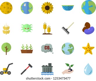 Color flat icon set ax flat vector, colander, legumes, ear, tree, flower, seedlings, rake, lawn mower, earth, hydroelectric power station, carbon dioxide, virus, moon, fector, starfish, drop