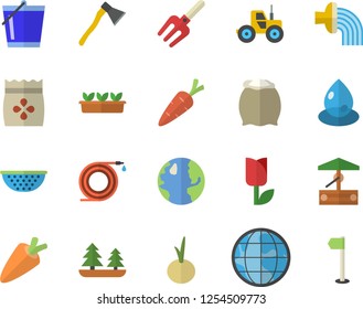 Color flat icon set ax flat vector, colander, flour, carrot, onion, seeds, well, tractor, pitchfork, hose, bucketful, irrigation, tulip, seedlings, earth, forest, drop, sports flag