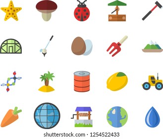 Color flat icon set ax flat vector, egg, lemon, carrot, canned food, mushroom, well, ladybird, tractor, pitchfork, greenhouse, earth, dna, island fector, starfish, golf, mountains, drop