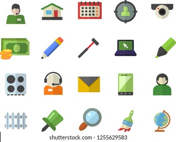 Color flat icon set ax flat vector, electric stove, paint brush, house, radiator, magnifier, target audience, cash, marker, telephone operator, calendar, drawing pin, laptop, pencil, envelope, user