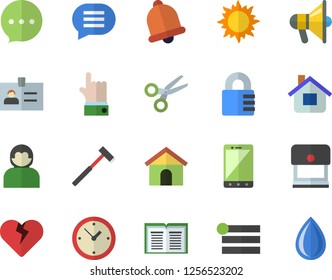 Color flat icon set ax flat vector, house, sun, bell, scissors, menu, badge, stamp, mouthpiece, mobile, user, clock, lock, chat, indicate, heart, book, drop