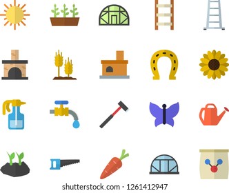 Color flat icon set ax flat vector, ear, carrot, flower, pulverizer, horseshoe, saw, watering can, planting plants, ladder, seedlings, water tap, sun, butterflies, greenhouse, fireplace