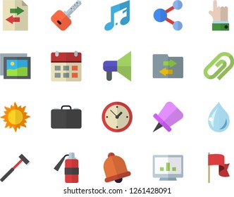 Color flat icon set ax flat vector, sun, computer chart, bell, share, gallery, file sharing, clip, calendar, drawing pin, fire extinguisher, mouthpiece, clock, indicate, key, note, drop, case
