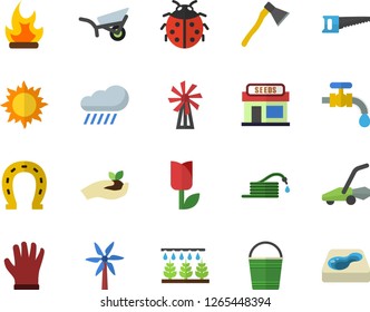 Color flat icon set ax flat vector, windmill, ladybird, grain warehouse, horseshoe, sprinkling machine, hose, saw, seedlings, bucketful, garden wheelbarrow, tulip, water tap, sun, gloves, bonfire