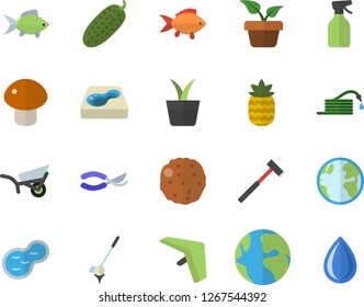 Color flat icon set ax flat vector, fish, mushroom, cutlet, cucumber, pineapple, home plant, pulverizer, hose, secateurs, garden wheelbarrow, pond, pool, earth, hang glider fector, golf, drop