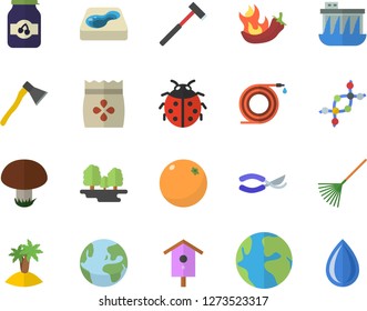 Color flat icon set ax flat vector, hot peppers, jam, orange, mushroom, seeds, nesting box, ladybird, hose, secateurs, rake, pool, forest, hydroelectric power station, earth, dna, fector, island