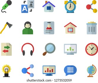 Color flat icon set ax flat vector, house, computer chart, share, file sharing, translate, badge, magnifier, trash can, microphone, user, clock, chat, alarm, lamp, headset, globe