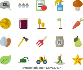 Color flat icon set ax flat vector, egg, mushroom, jam, pear, ear, fertilizer vectory, carrot, pulverizer, tractor, pitchfork, hose, tree leaf, carbon dioxide, moon, diet, sports flag, hike fector