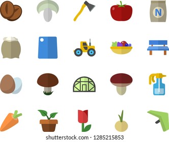 Color flat icon set ax flat vector, cutting board, egg, flour, tomato, carrot, mushroom, salad, coffee beans, onion, fertilizer vectory, home plant, pulverizer, tractor, tulip, bench, greenhouse