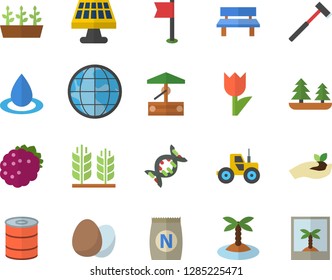 Color flat icon set ax flat vector, egg, canned food, blackberry, fertilizer vectory, well, tractor, seedlings, tulip, bench, solar battery, forest, drop, earth, dna, ear, sports flag, island fector
