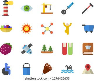 Color flat icon set ax flat vector, hiking pot, kitchen spoon, cookbook, salad, ham, blackberry, forest, crane, lighthouse, disabled, eye, book, molecule, satellit, gymnastics, pool, sun fector