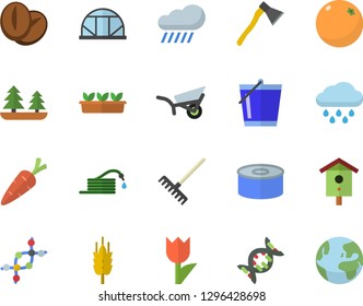 Color flat icon set ax flat vector, canned food, coffee beans, orange, ear, nesting box, carrot, hose, rake, bucketful, garden wheelbarrow, tulip, seedlings, rain, greenhouse, forest, dna
